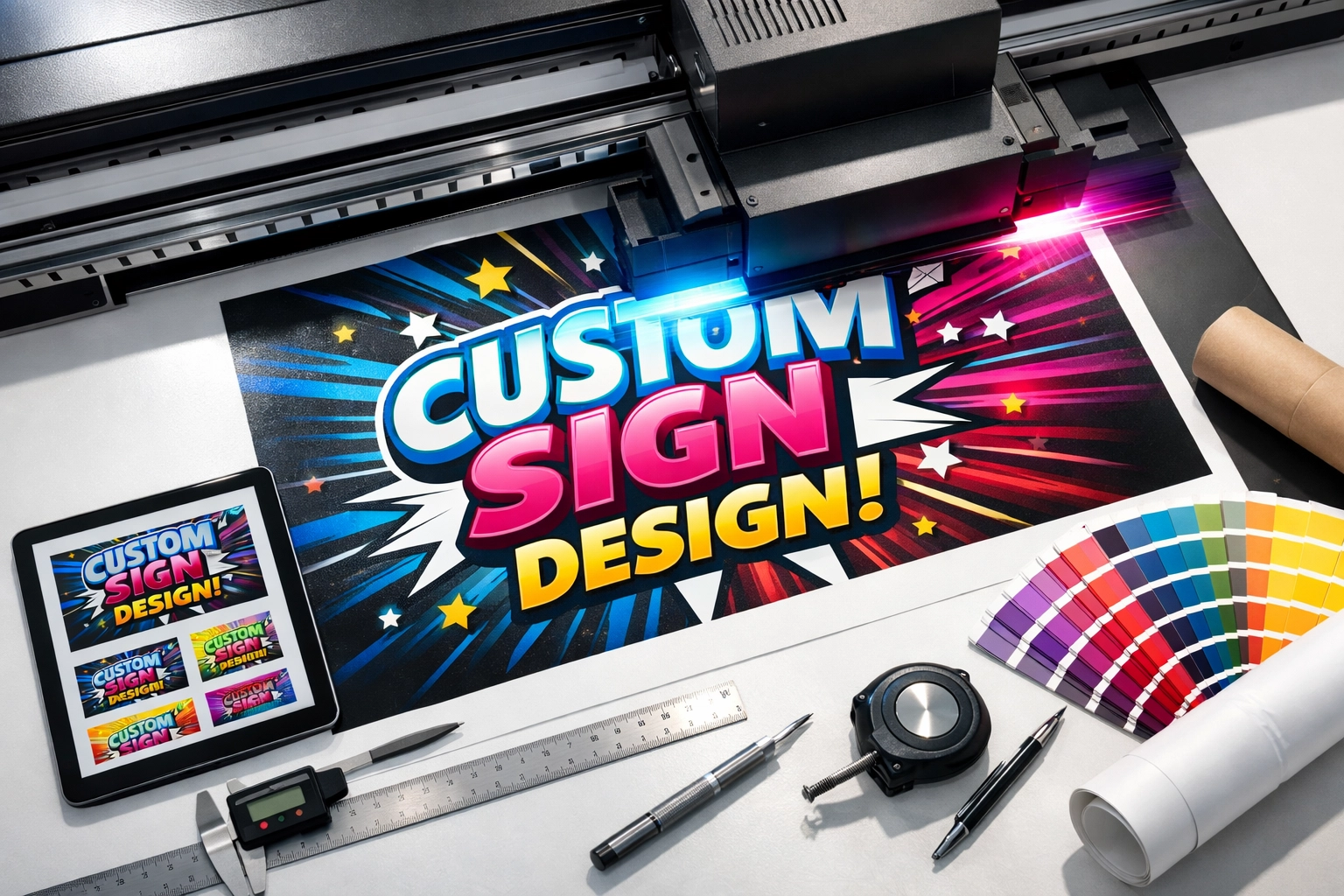 Professional UV printer creating custom signs at Kona Impact sign shop with design tools