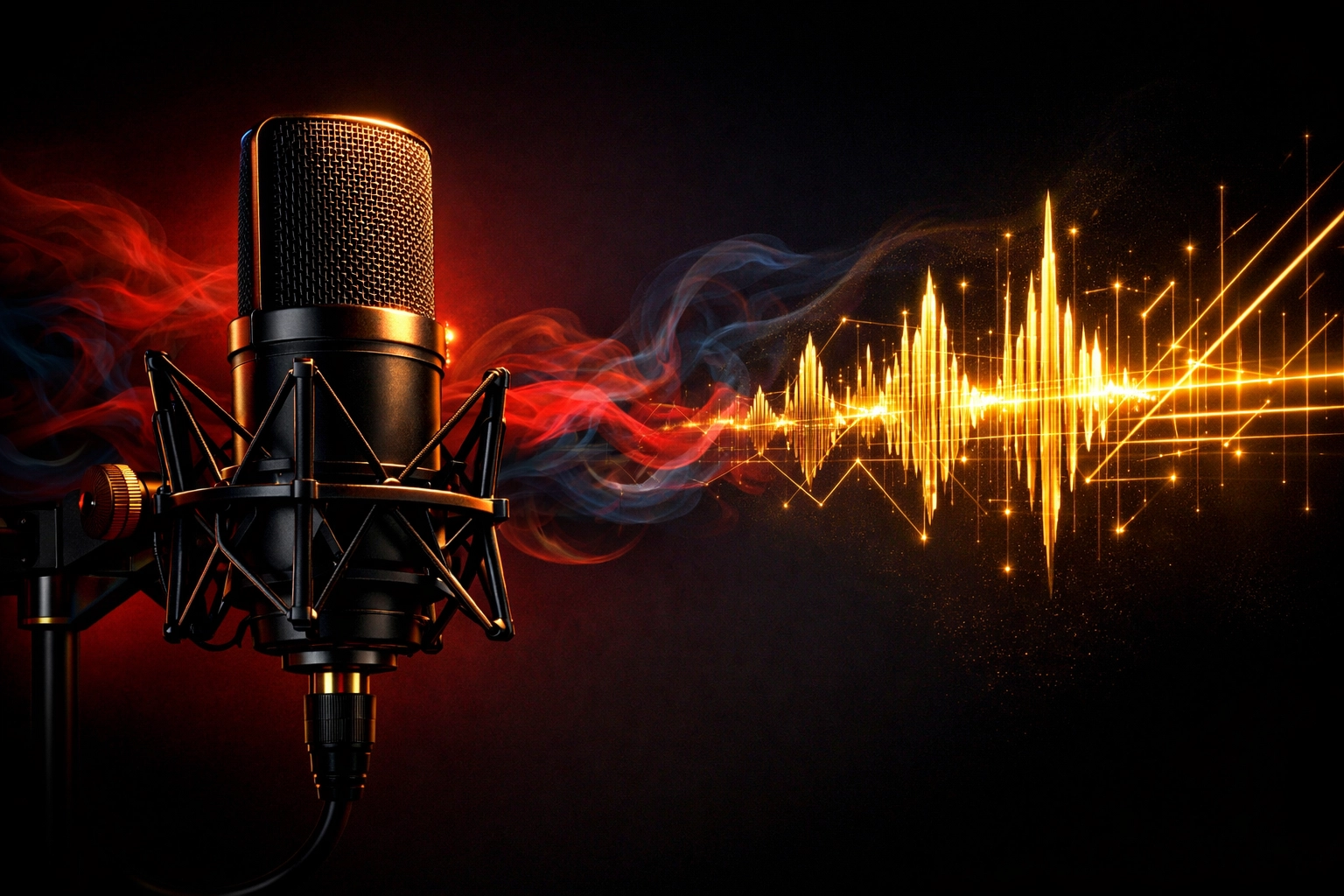 Studio microphone with abstract soundwaves illustrating clear direction for professional voice casting services.