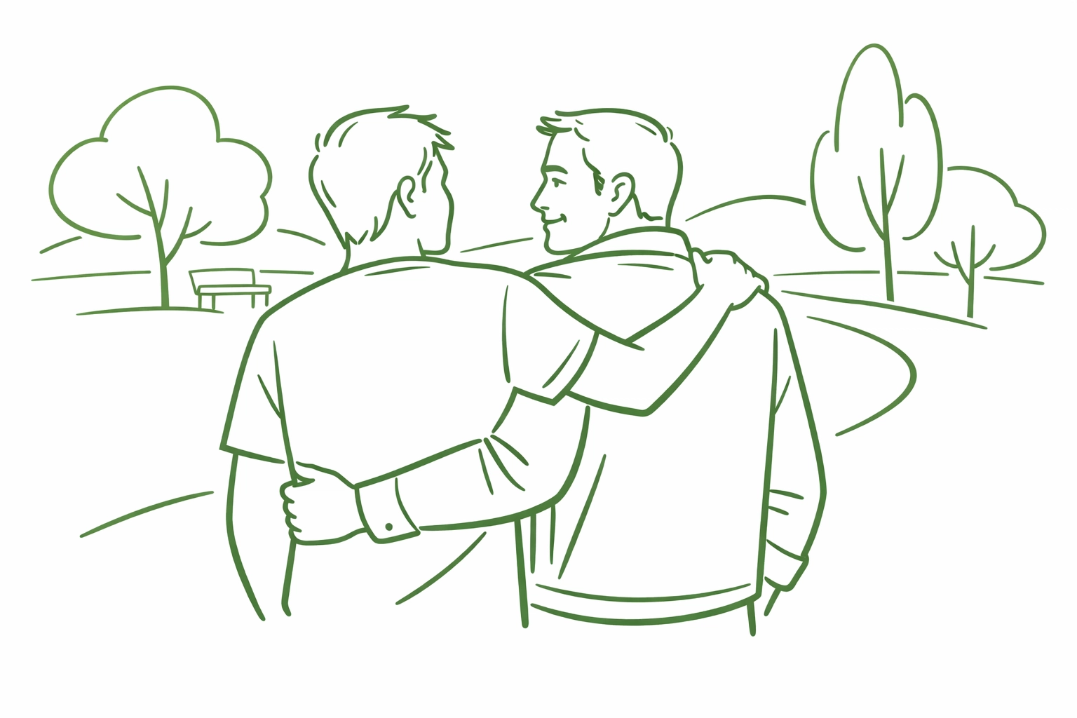 Two men walking together in a park, symbolizing the journey of finding an authentic queer community.