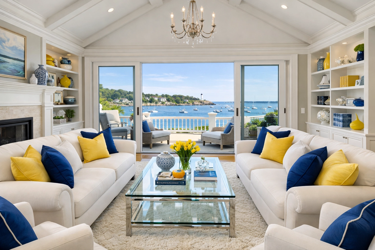 Impeccably clean luxury living room with harbor views after a professional Cohasset deep cleaning.