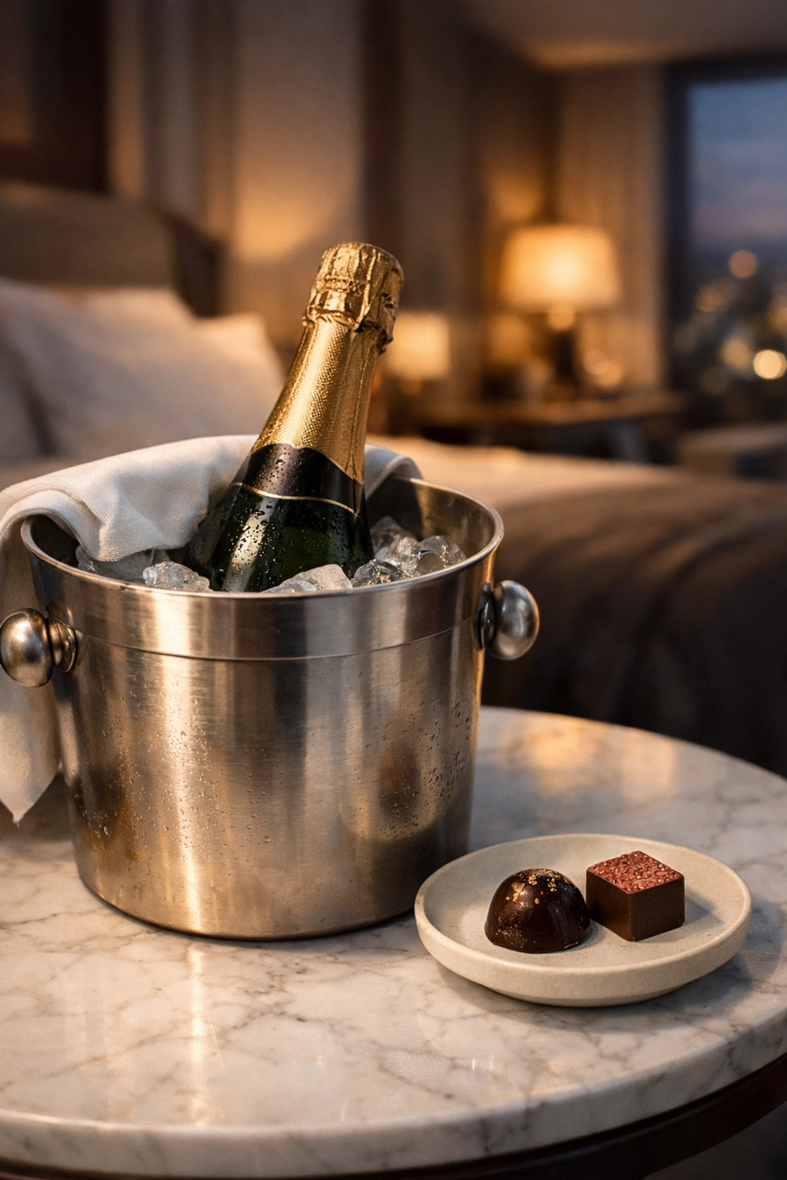 Luxury hotel room amenities like champagne and chocolates, showing personalized upselling in the booking journey.