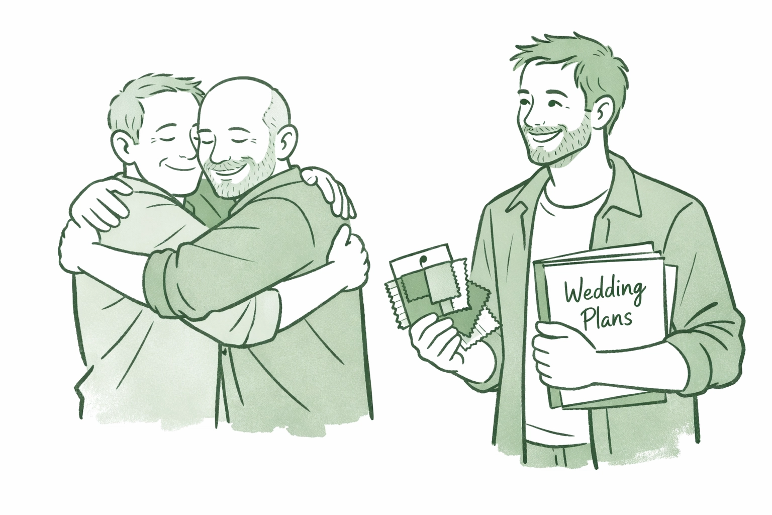 Two gay dads embrace while their son holds wedding plans - LGBTQ+ family celebration