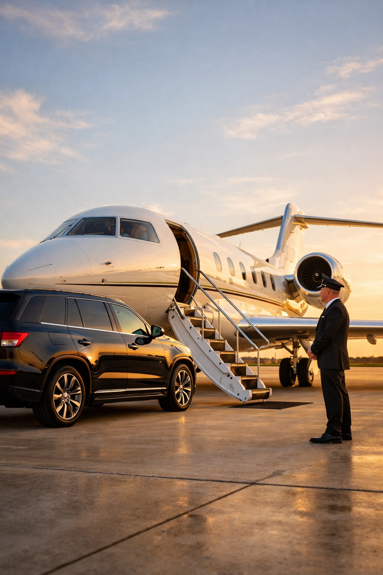 Private business jet and luxury SUV with a chauffeur for VIP Super Bowl executive travel logistics.
