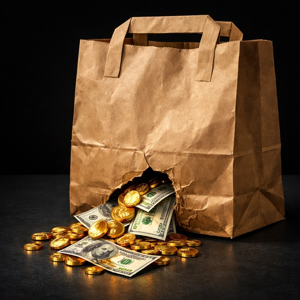 Coins and cash spilling from a paper bag with a hole, illustrating common money leaks and convenience spending habits.