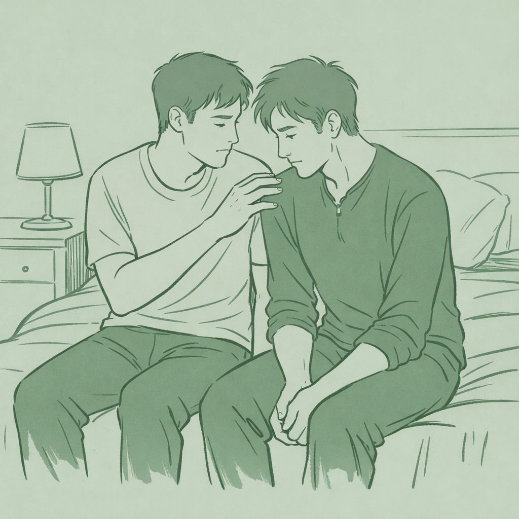 Two men on bed edge navigating first same-sex intimacy with hesitation and vulnerability