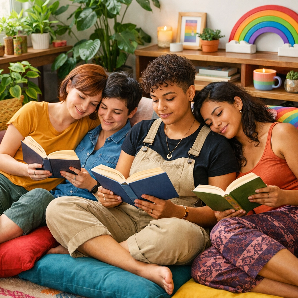 Diverse group of LGBTQ+ friends reading together in a cozy room, celebrating queer community and found family.