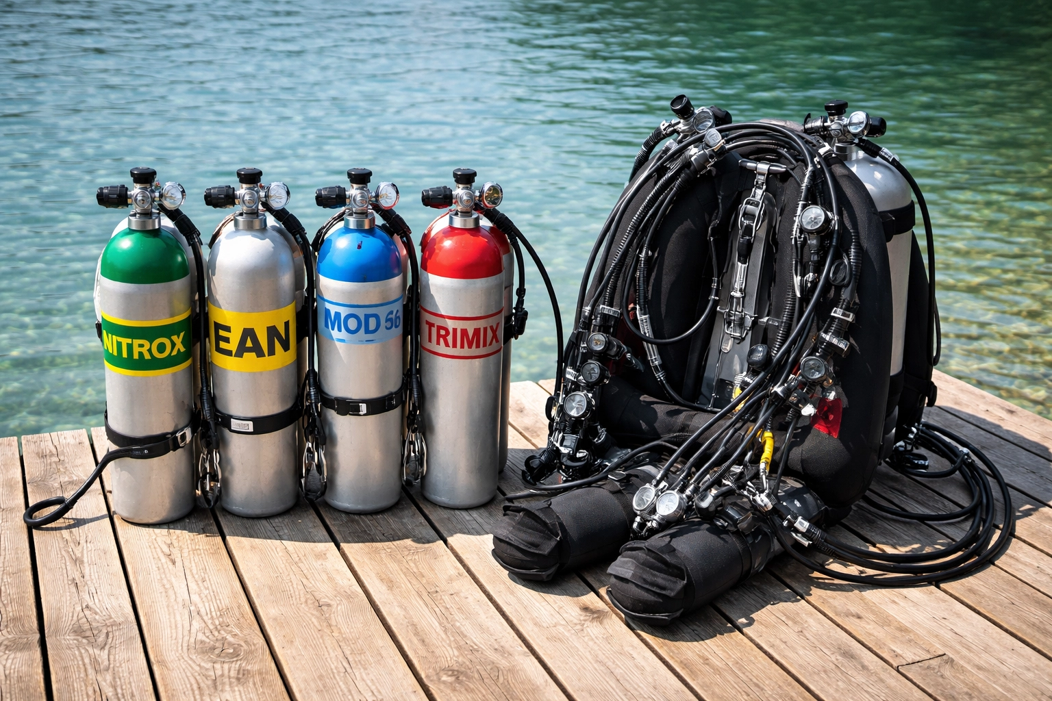 Technische Tauchausrüstung mit Stage-Flaschen und Wing-Jacket auf einem Steg, zeigt Full Trimix Vorbereitung