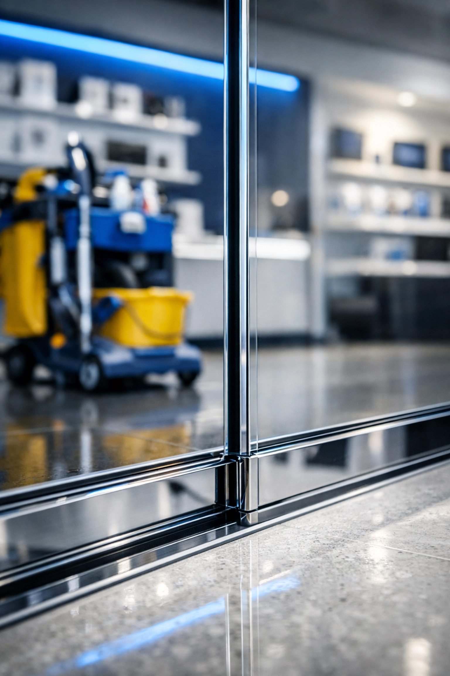 Detail of residue-free glass and polished chrome, showcasing elite retail store cleaning Springfield businesses can rely on.