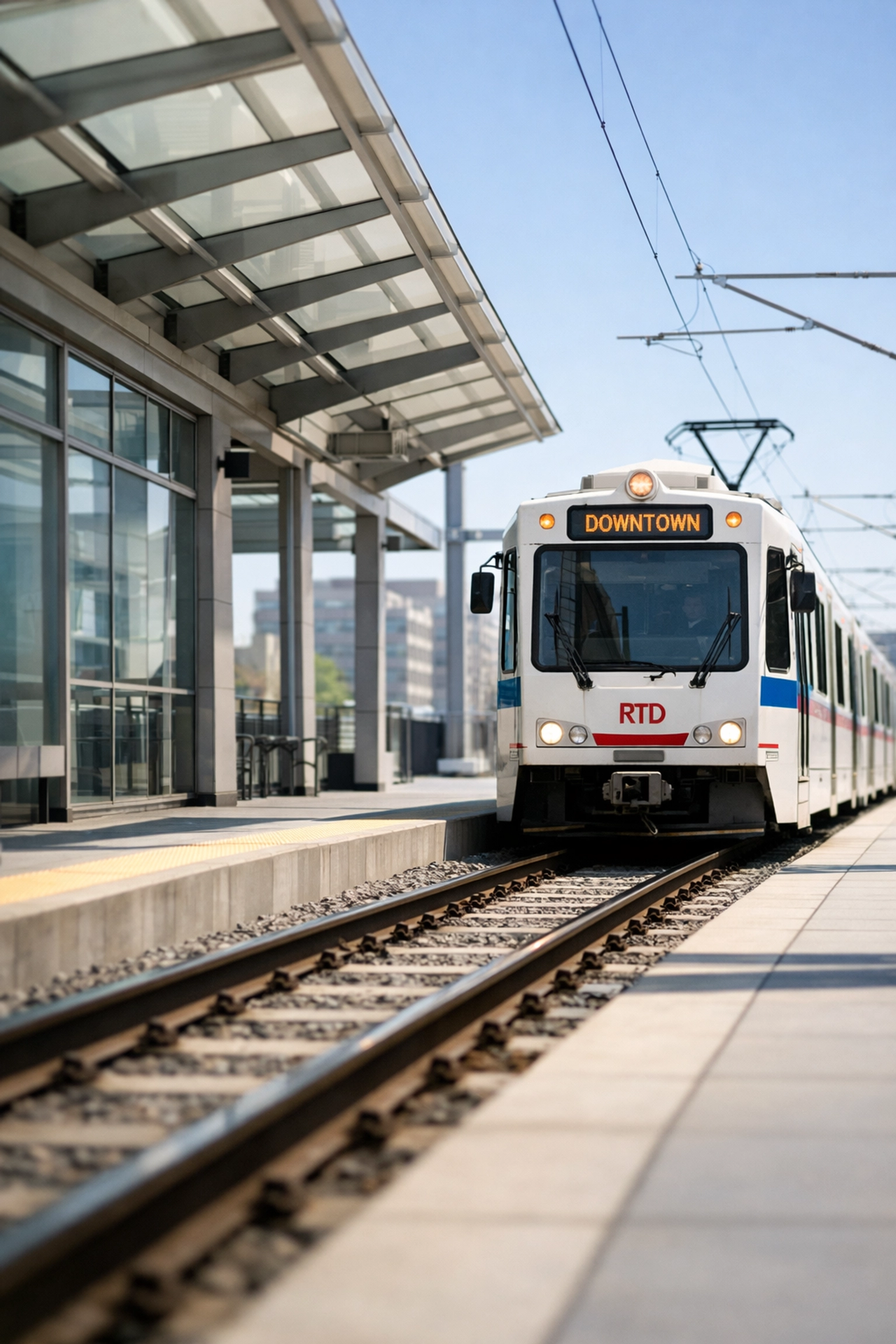 Modern Denver light rail train arriving at a sun-drenched downtown station.