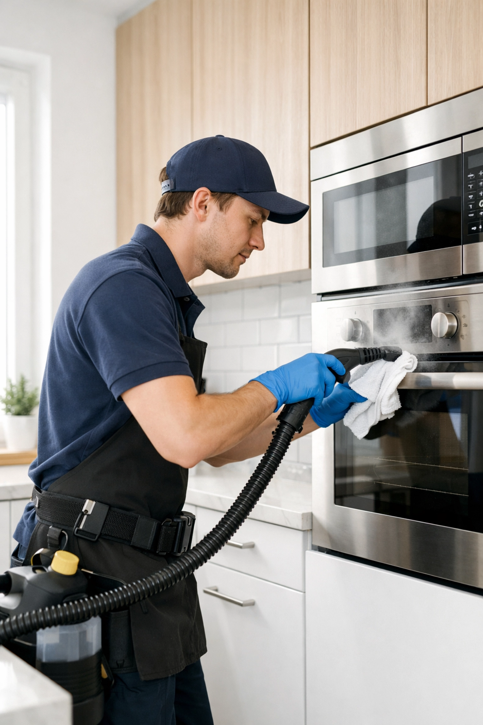 Professional cleaner deep cleaning apartment kitchen during make-ready process
