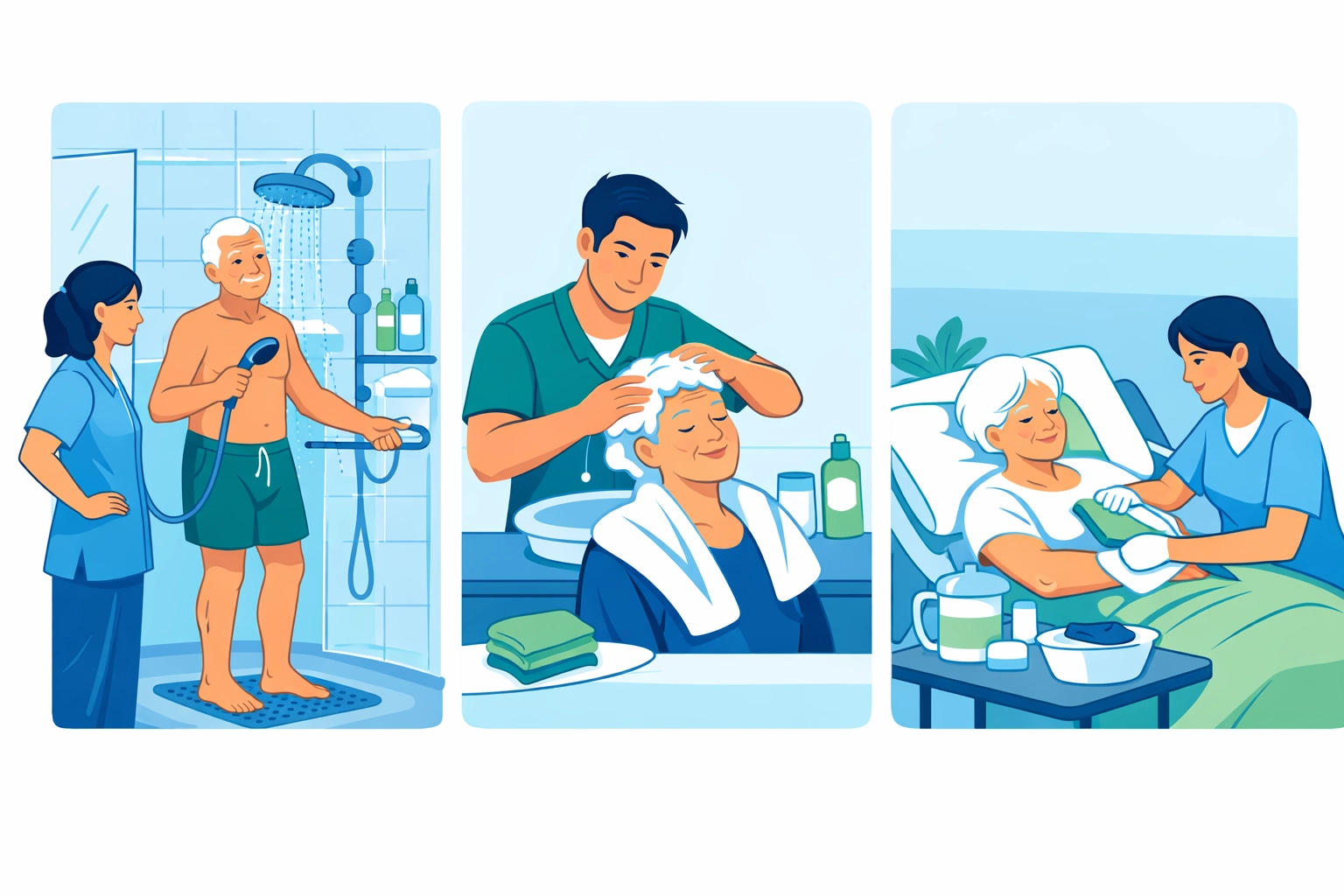 Three levels of senior bathing assistance services from stand-by to full support