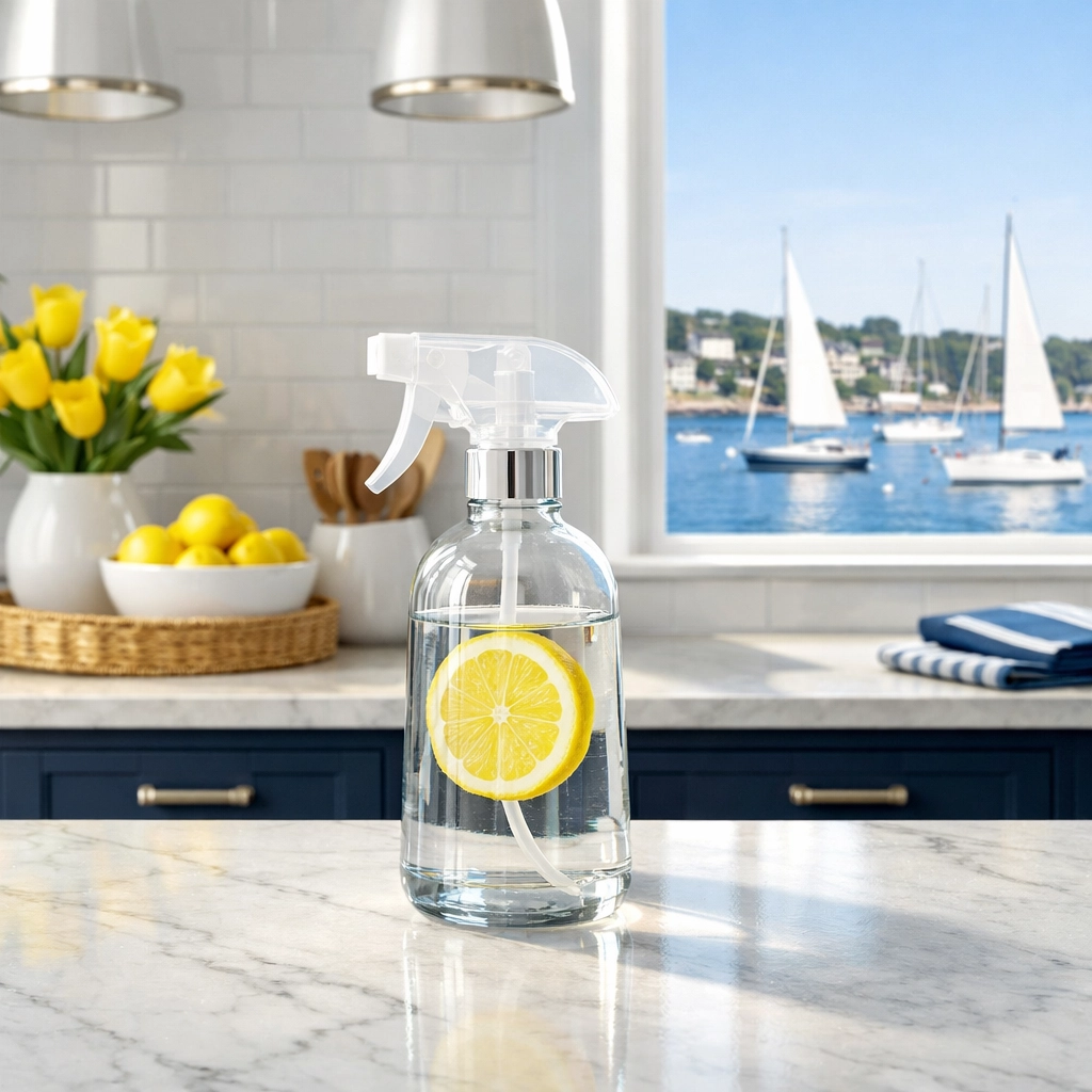 Eco-friendly residential cleaning in Marblehead featuring non-toxic supplies in a modern coastal kitchen.