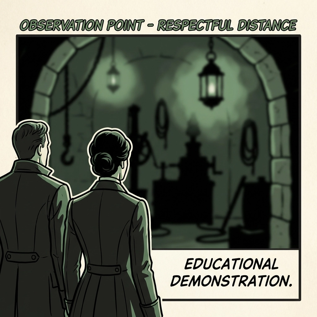 MM couple observing dungeon scene from respectful distance demonstrating fetish club etiquette