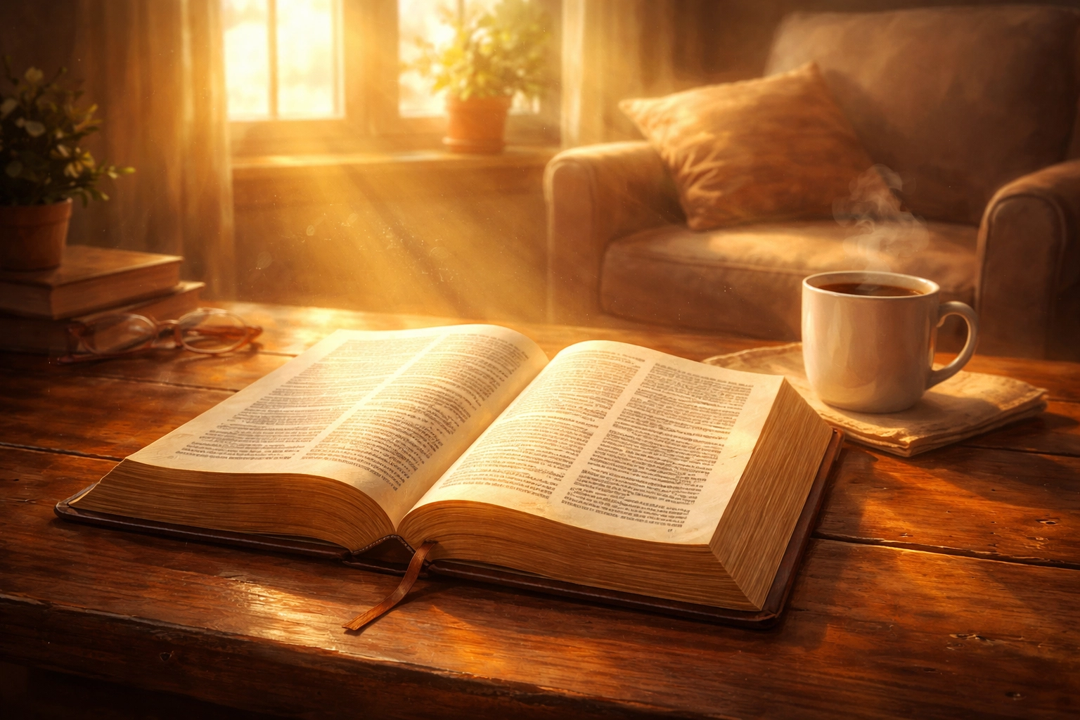 Open Bible on table bathed in warm light, illustrating scriptural foundation for divine healing and faith.