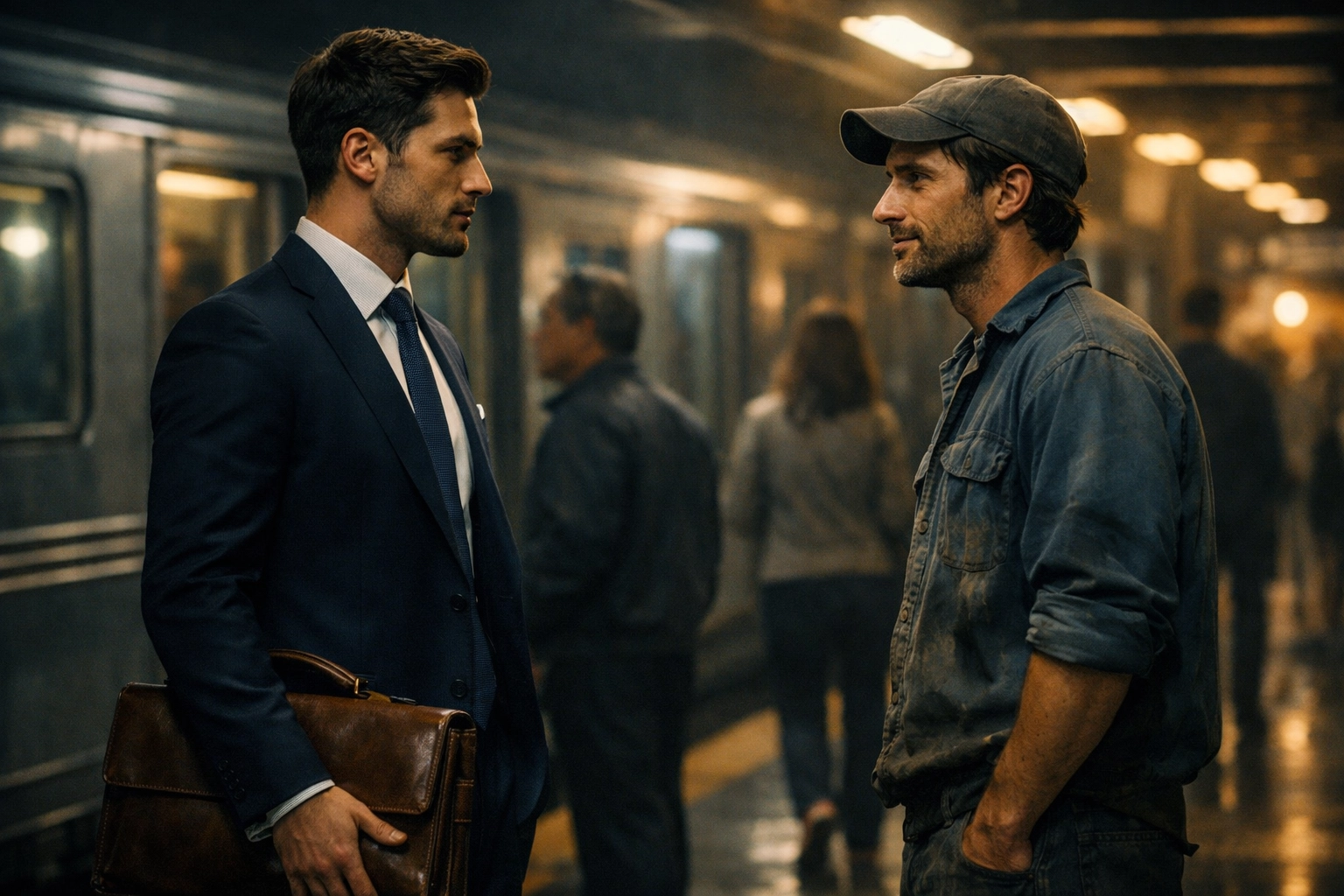 Two men from different social classes make eye contact on subway in MM romance rich and poor trope