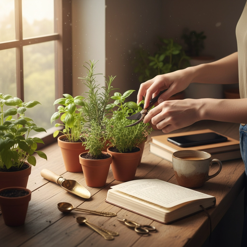 Gardener trims herbs in clay pots on a wooden table by a sunny window. Open book, phone, and coffee mug are nearby, creating a cozy vibe.