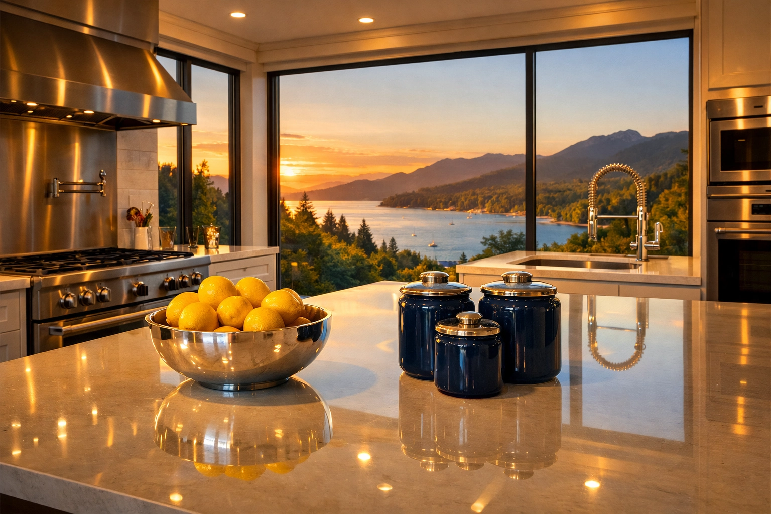 Sparkling chef's kitchen with polished quartz countertops, the result of professional luxury house cleaning in Wenham.