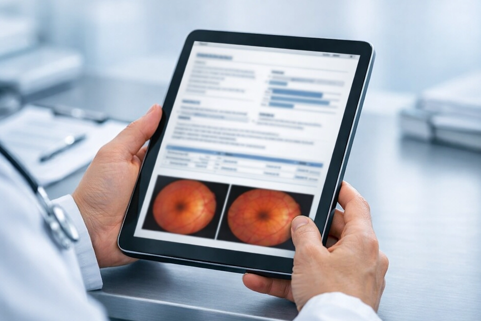 Professional documentation of patient records on a tablet for accurate medical billing for optometrists.