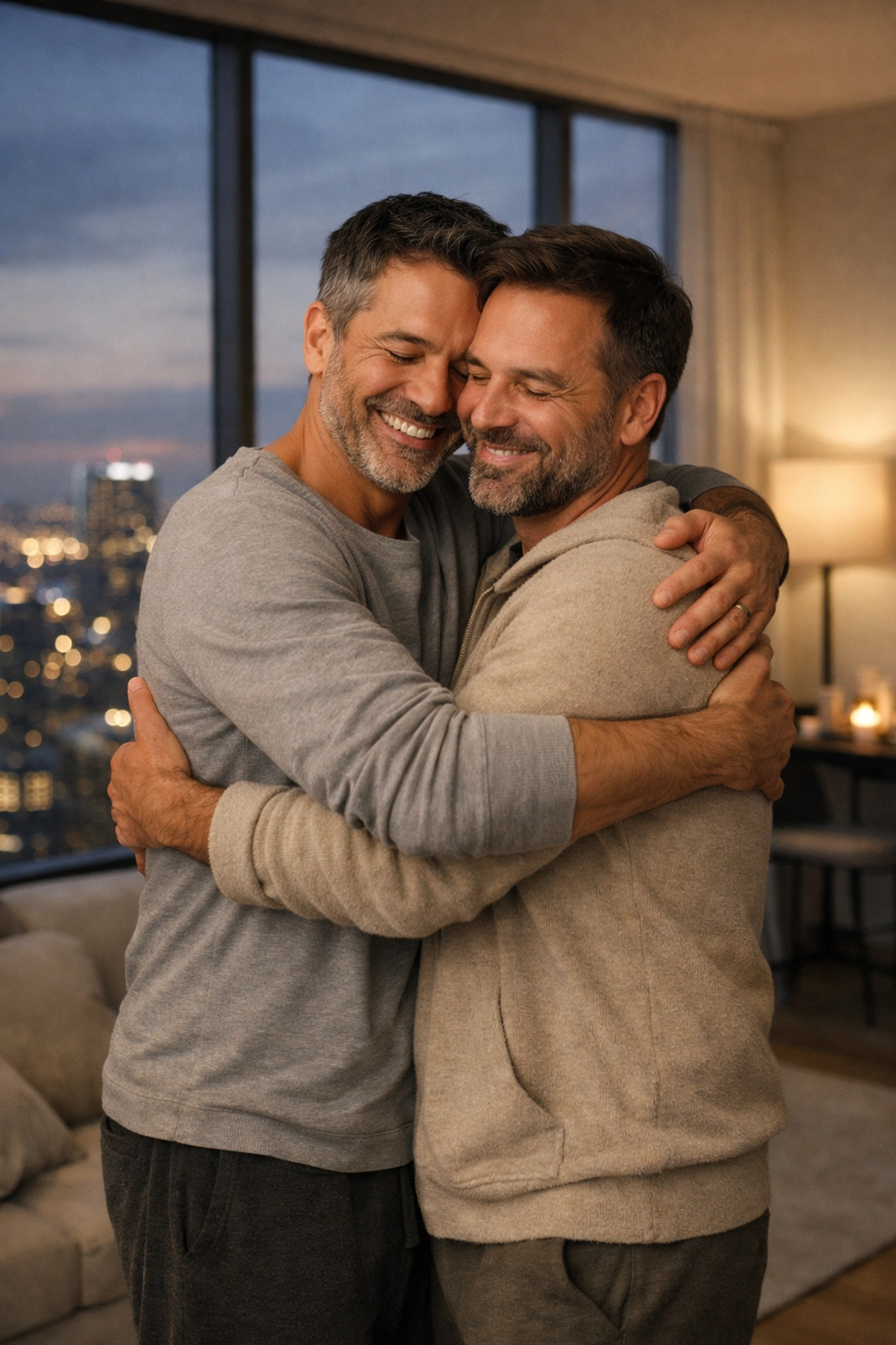 Two men embracing in luxury apartment with city view, authentic gay love and intimacy at home