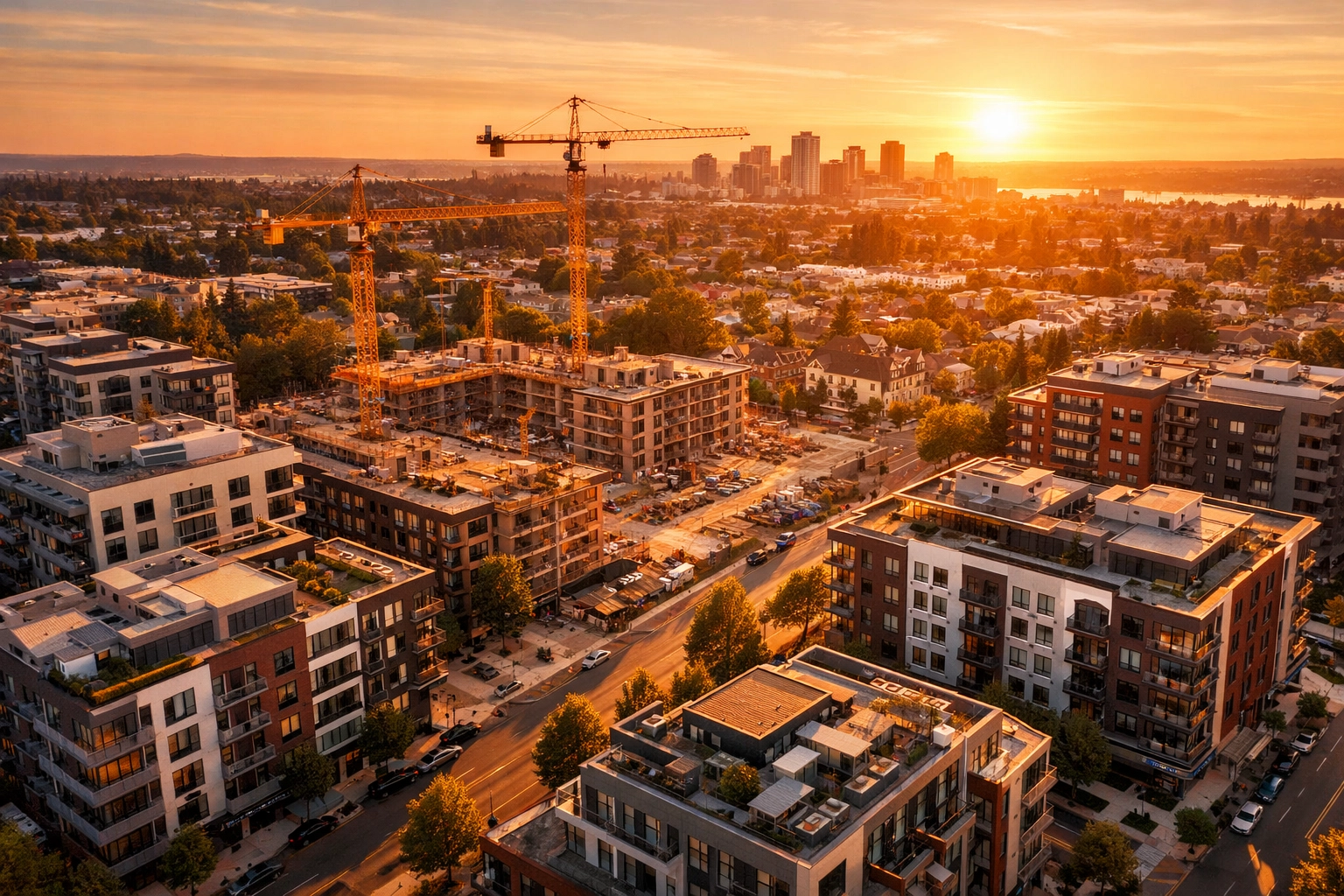 Aerial view of diverse real estate investment properties including apartments and development