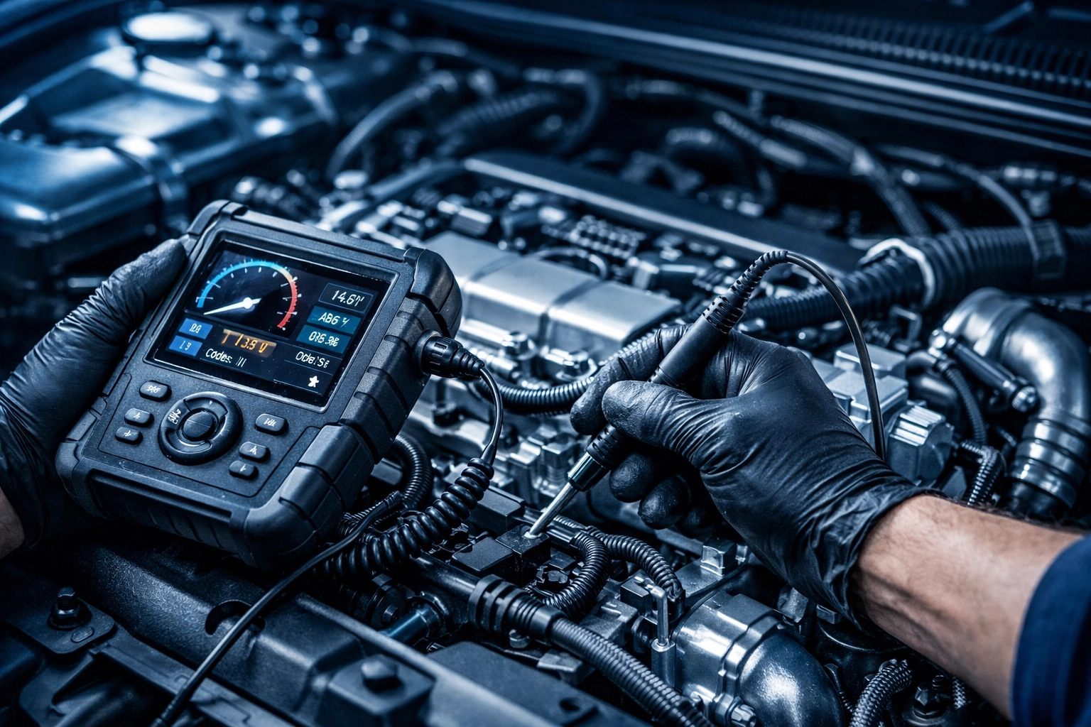 A professional mechanic near me using specialized tools to perform a comprehensive engine diagnostic check.