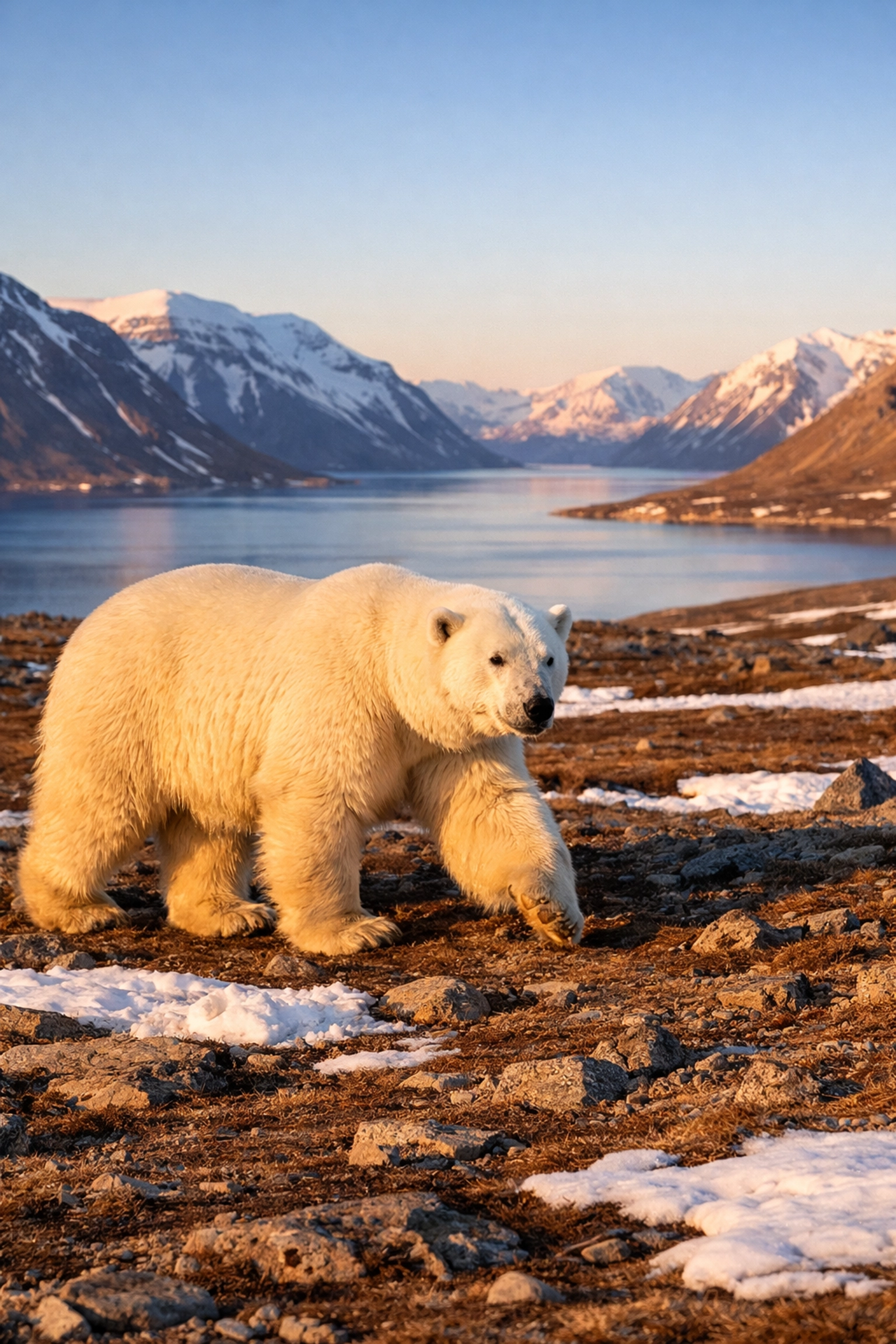 Healthy polar bear walking on tundra in Svalbard, Norway, showing adaptation to Arctic climate change