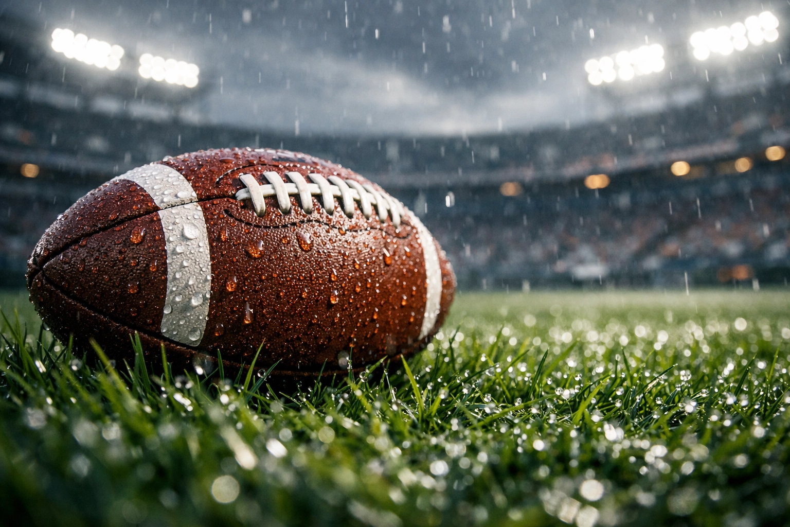 Fußball auf nassem Rasen im Stadion bei Regenwetter vor Bundesliga-Anstoß