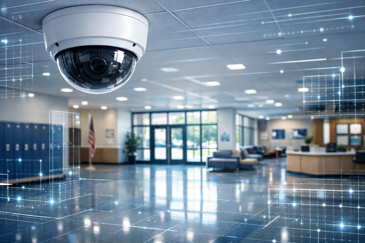 Proactive AI surveillance camera in a school lobby, demonstrating integrated Managed IT security and weapon detection.