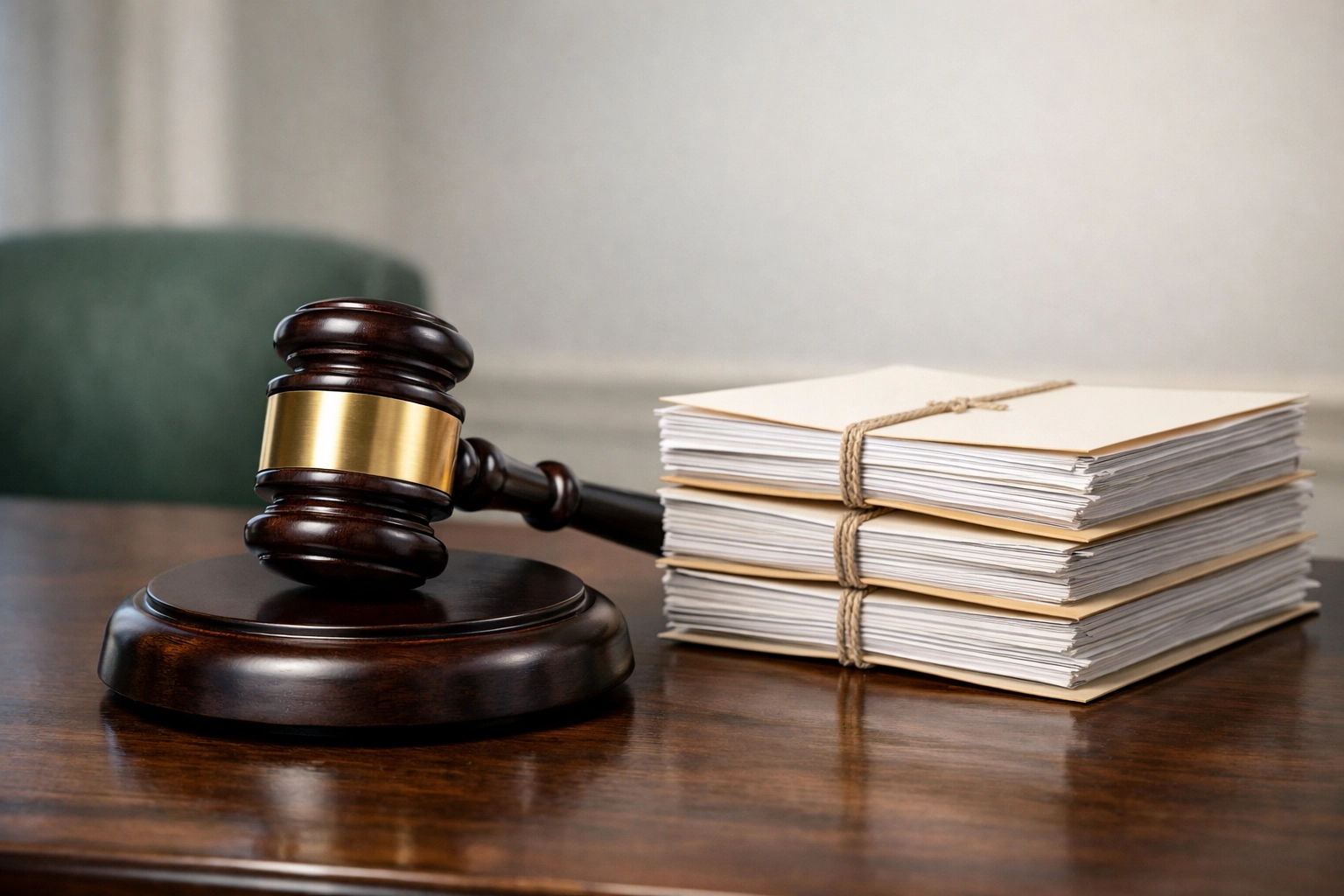 Legal gavel and folders symbolizing Guideline F security clearance financial mitigation and support.