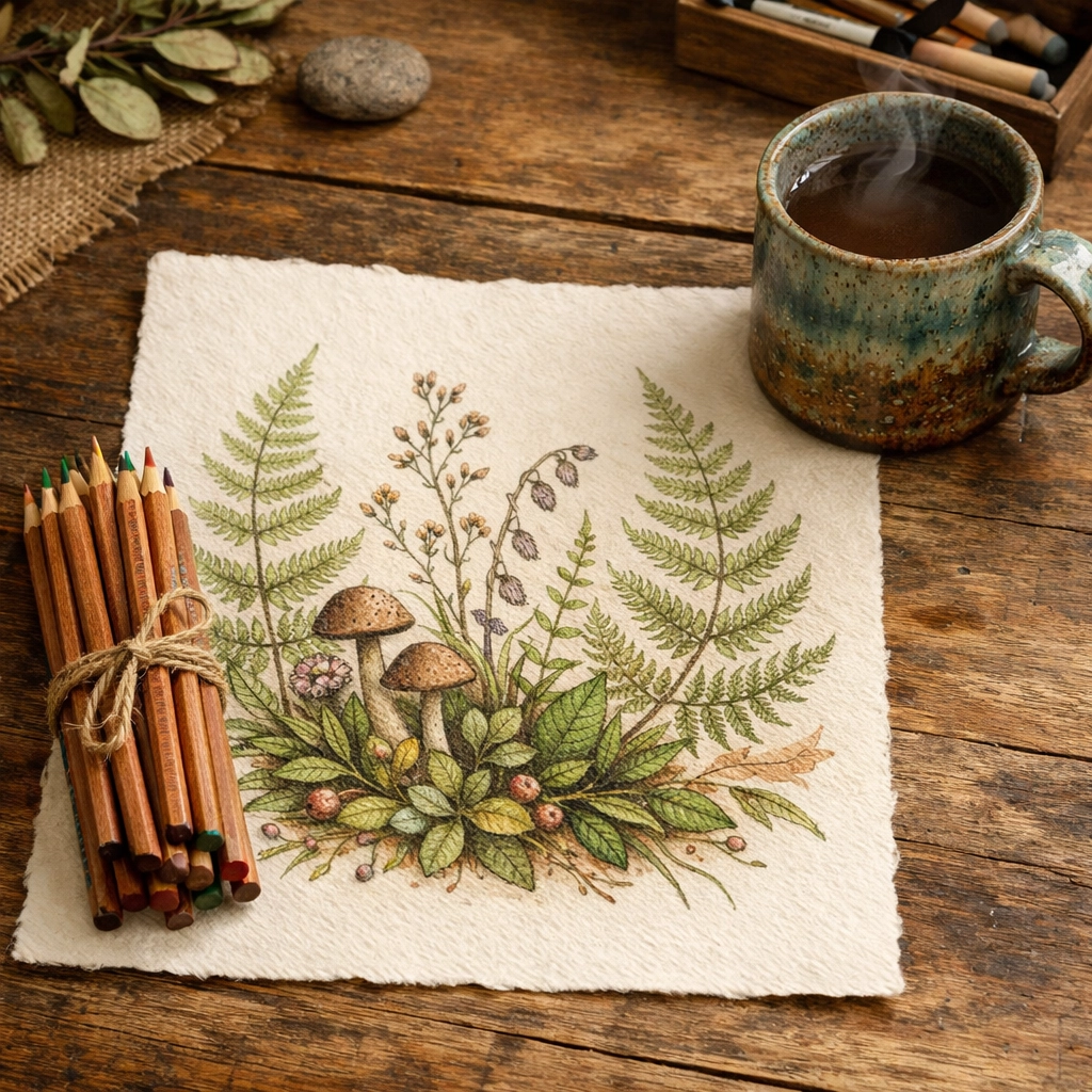 Hand-drawn botanical coloring page and cedar pencils on a rustic wooden desk for art therapy.