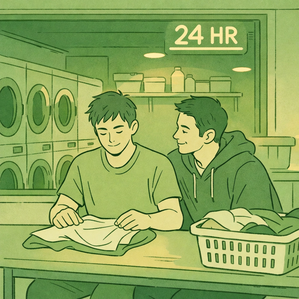 Two men in 24-hour laundromat sharing quiet moment - everyday gay love story intimacy