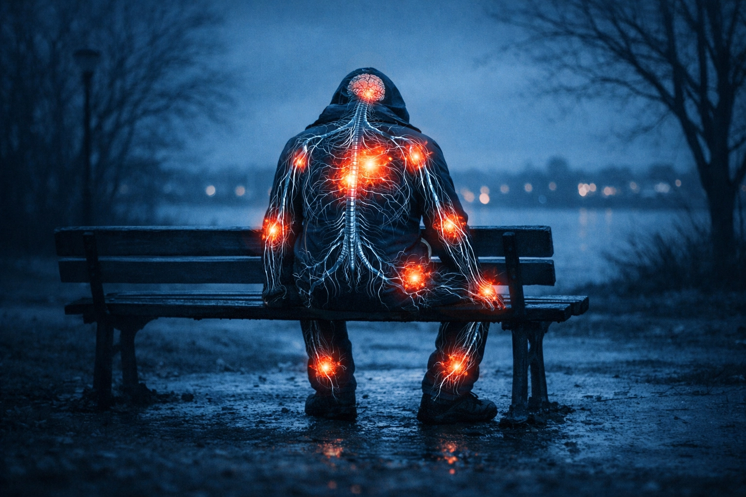Person sitting alone on a park bench with a glowing overlay showing inflammation caused by chronic loneliness.