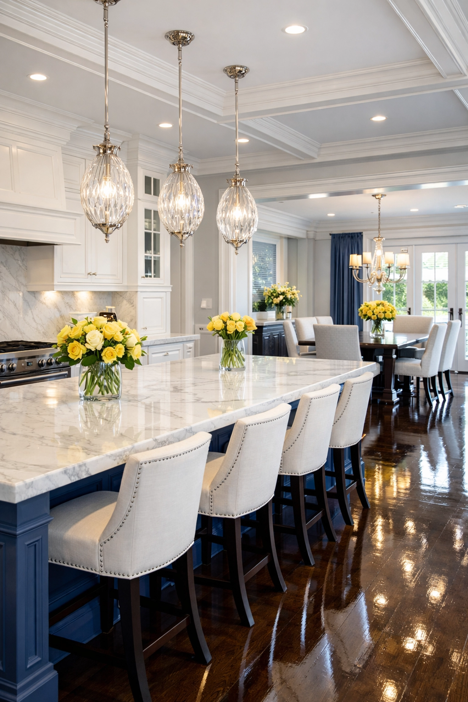 Spotless luxury kitchen and dining area in Wellesley maintained by premium house cleaning services MA.