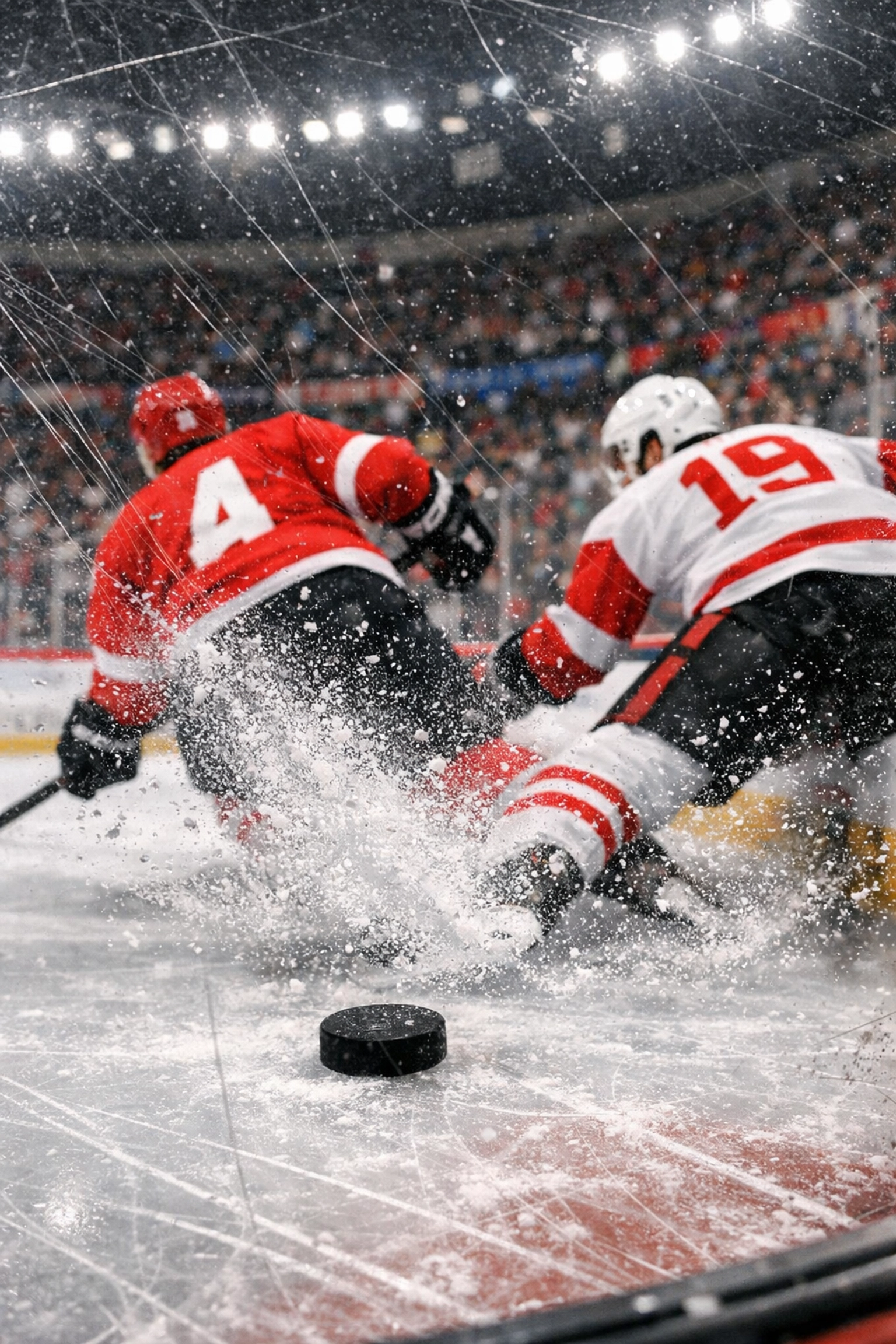 Montreal Canadiens hockey players in action chasing a puck during a game at the Bell Centre.