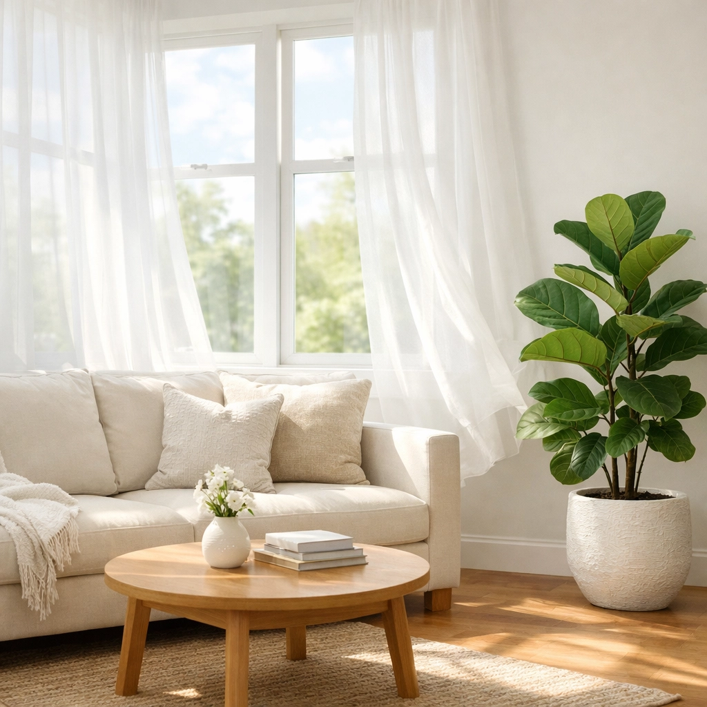 Bright, airy living room with clean windows reflecting top-tier house cleaning services in Nanaimo.