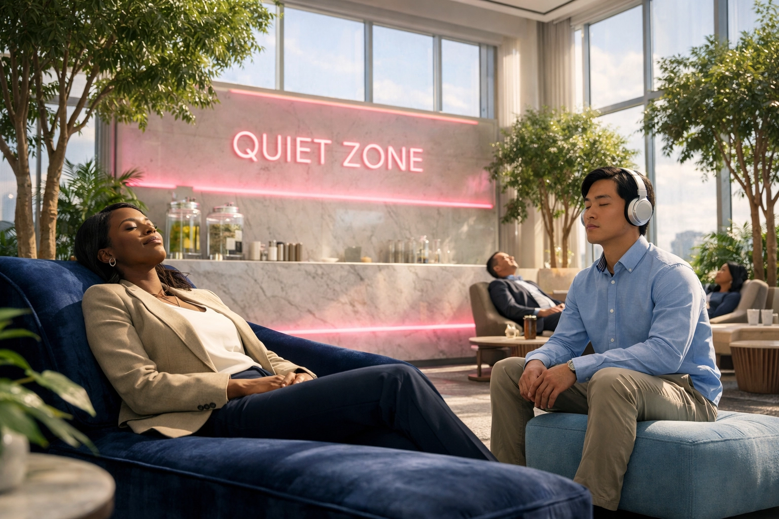 Diverse professionals decompressing in a high-end quiet zone lounge at a corporate summit for event wellness.