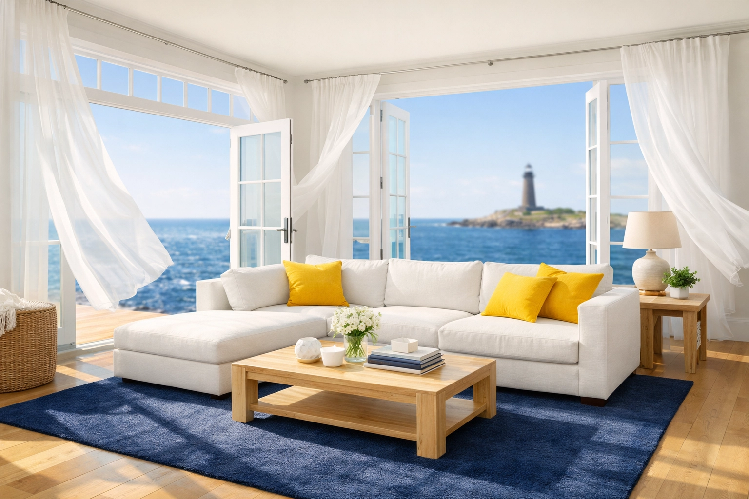 Sun-drenched Marblehead living room with open windows and fresh air after a professional house cleaning.