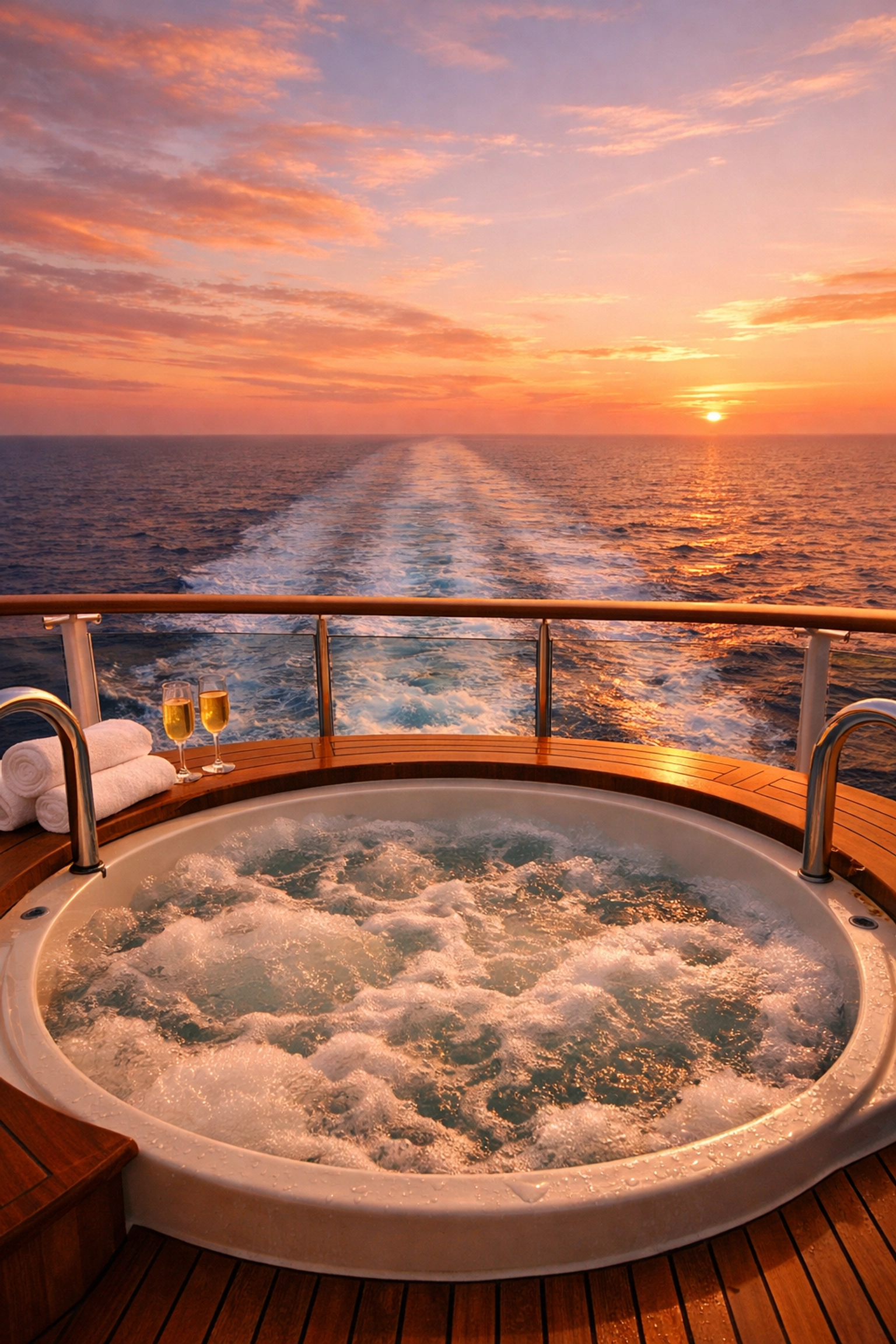 Private hot tub on a luxury cruise ship balcony at sunset with views of the ocean wake.