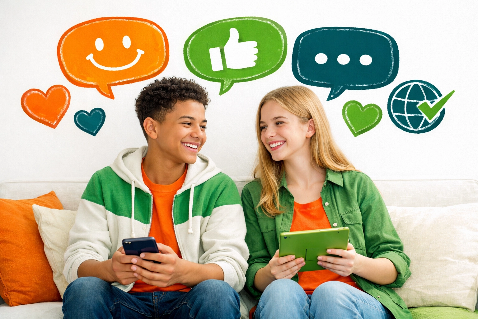 Two teens discussing digital citizenship and online reputation responsibly
