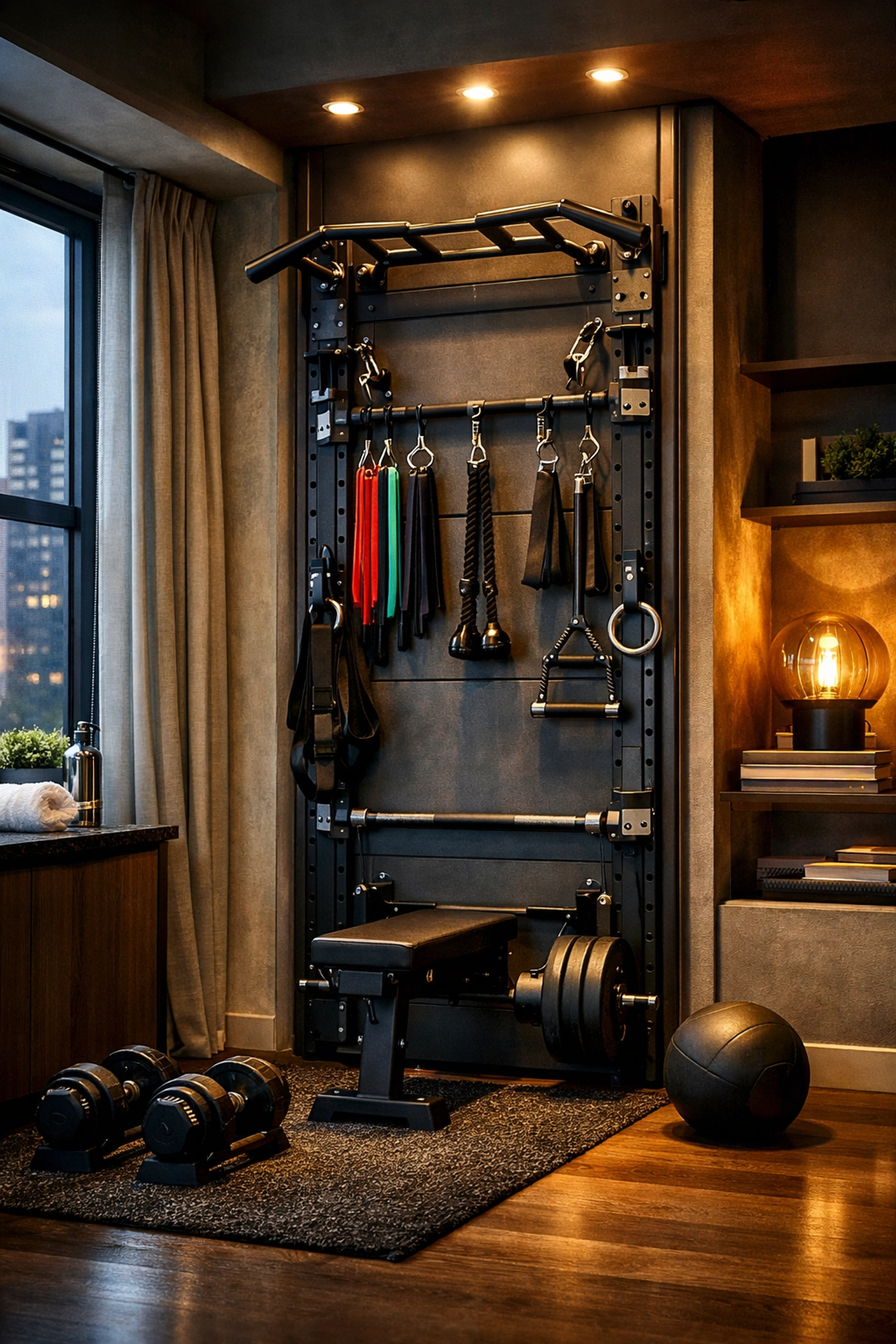 Compact no wall damage workout system in an apartment for a complete full body workout at home.