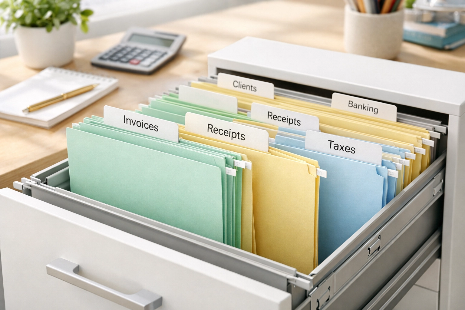 Organized filing system with labeled folders for small business receipt management