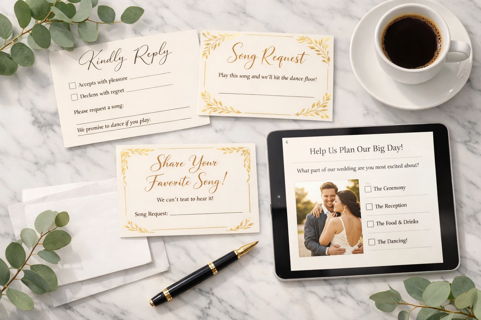 Wedding RSVP cards with song request sections and planning materials