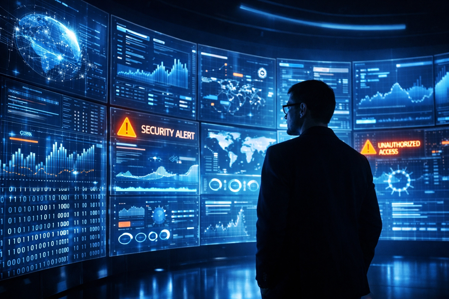IT-Sicherheitsmonitoring für Datenschutz und KI-Systeme in einem Kontrollzentrum.
