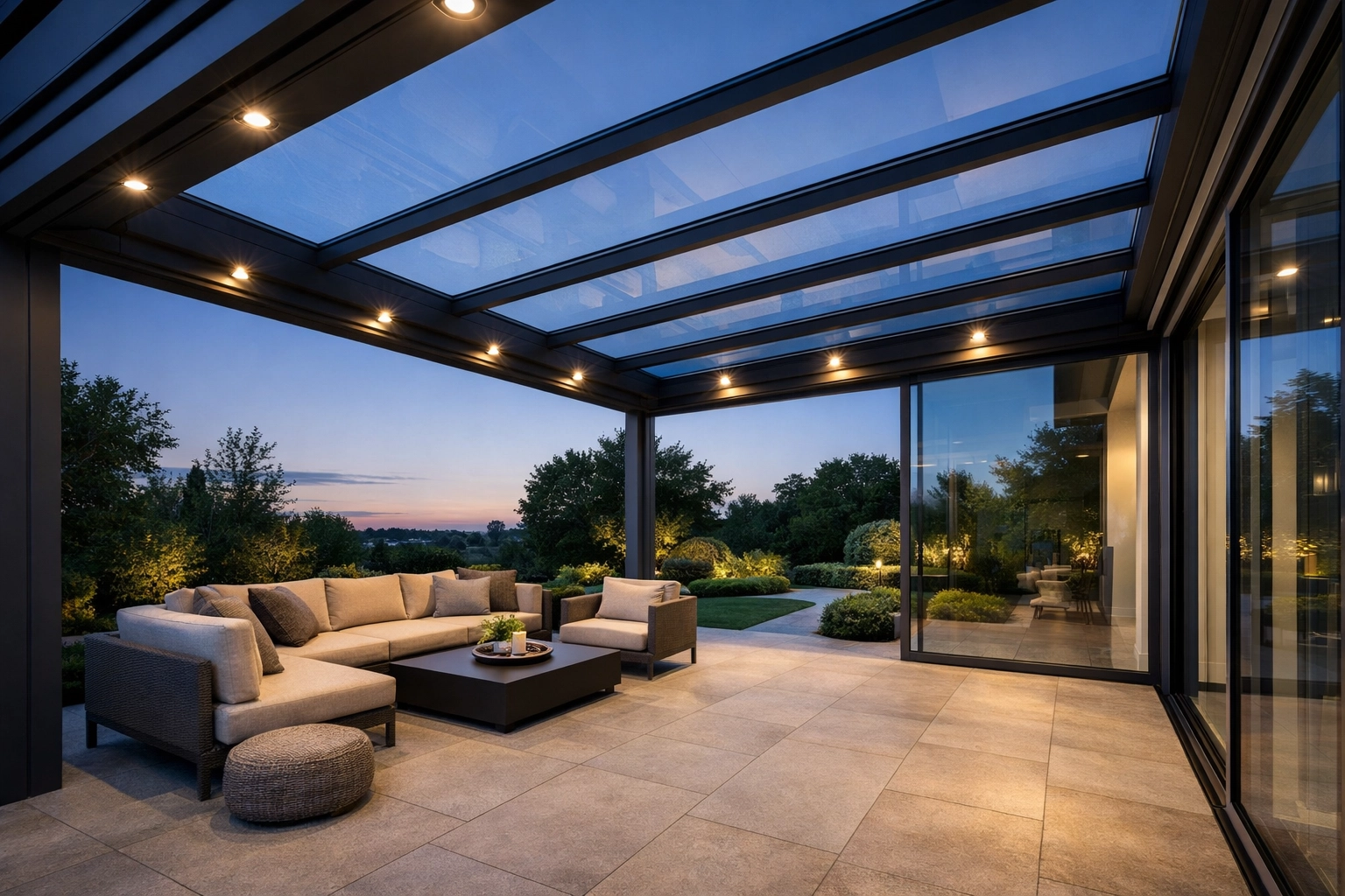 Moderne Terrassenüberdachung mit Glasdach, integrierten LED-Spots und Glasschiebewänden.