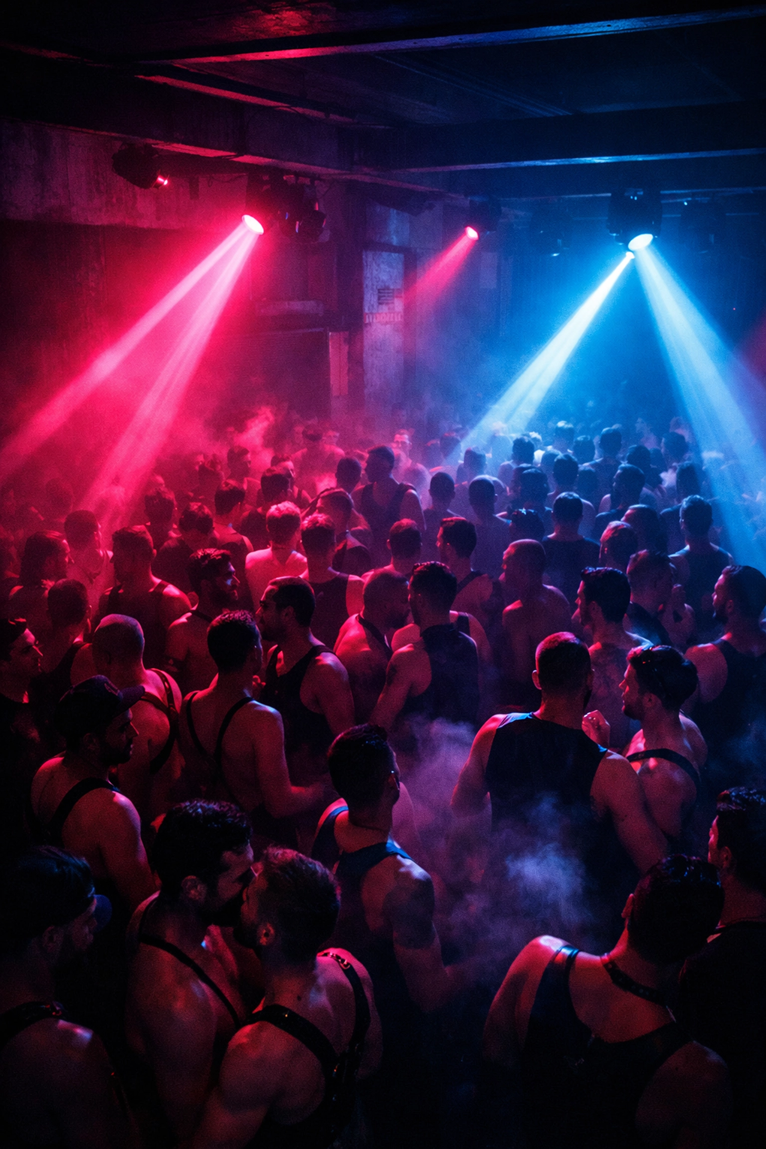 Underground Berlin techno club with dancers in neon lights during gay Valentine's celebration