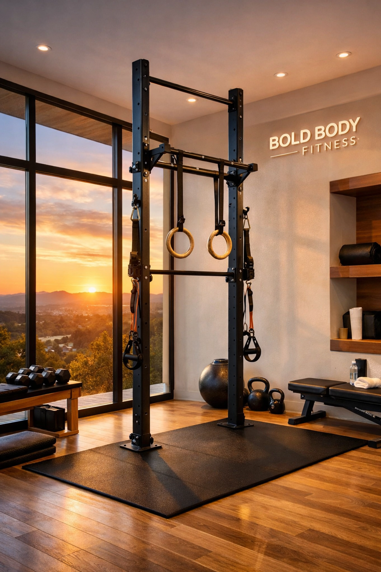 Modern floor to ceiling gym setup using a no wall damage workout system for elite bodyweight training.