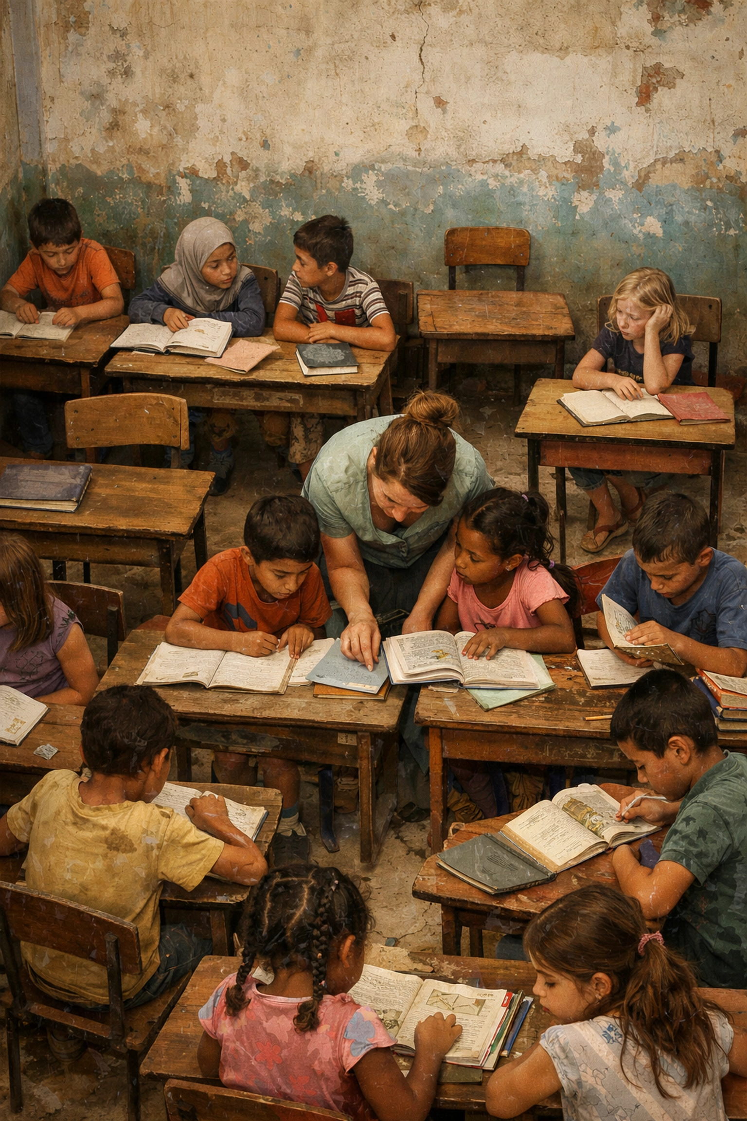 Overcrowded underfunded rural classroom with teacher helping students, showing impact of education budget cuts