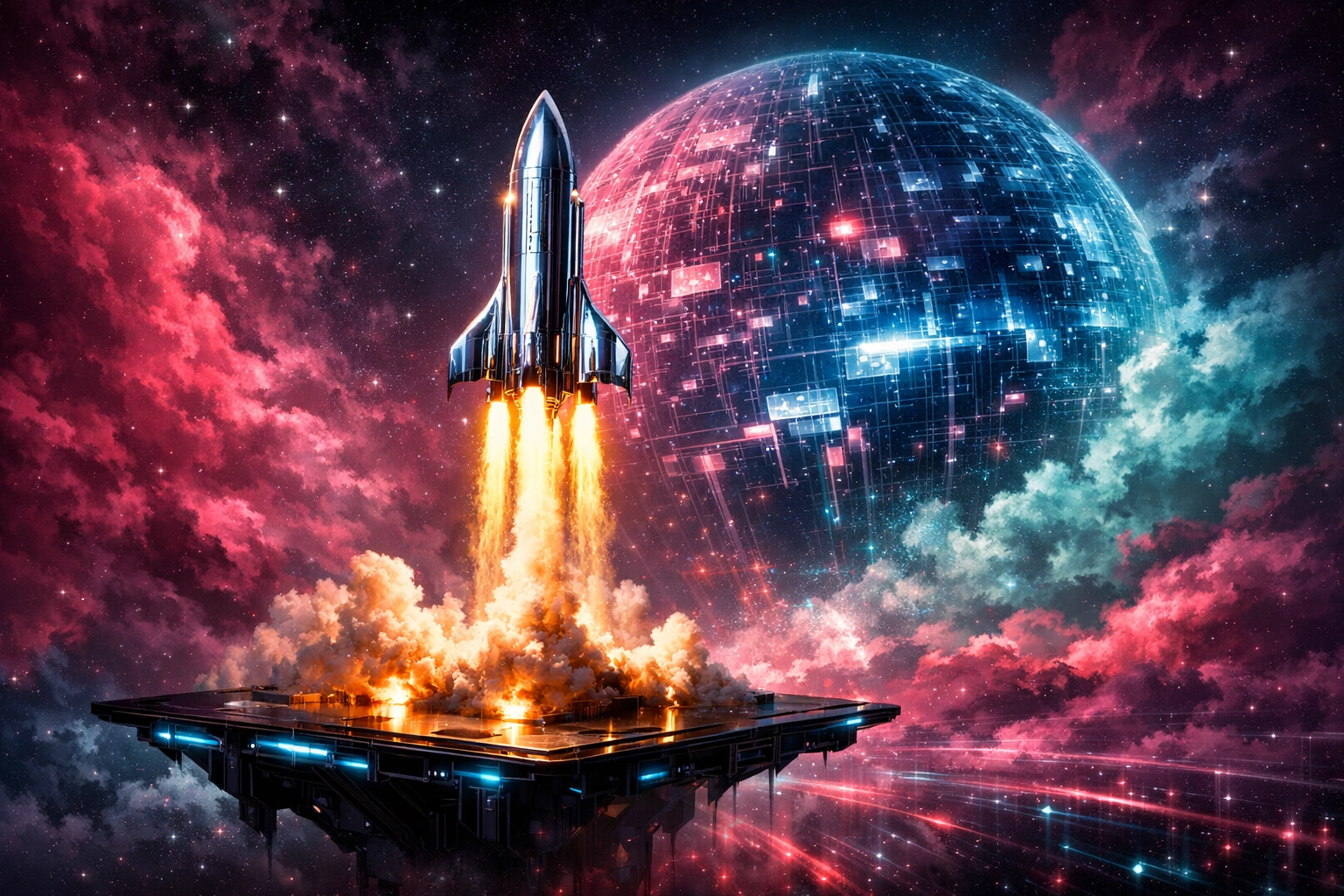 The Larecoin rocket launching toward a digital metaverse planet representing Web3 commerce growth.