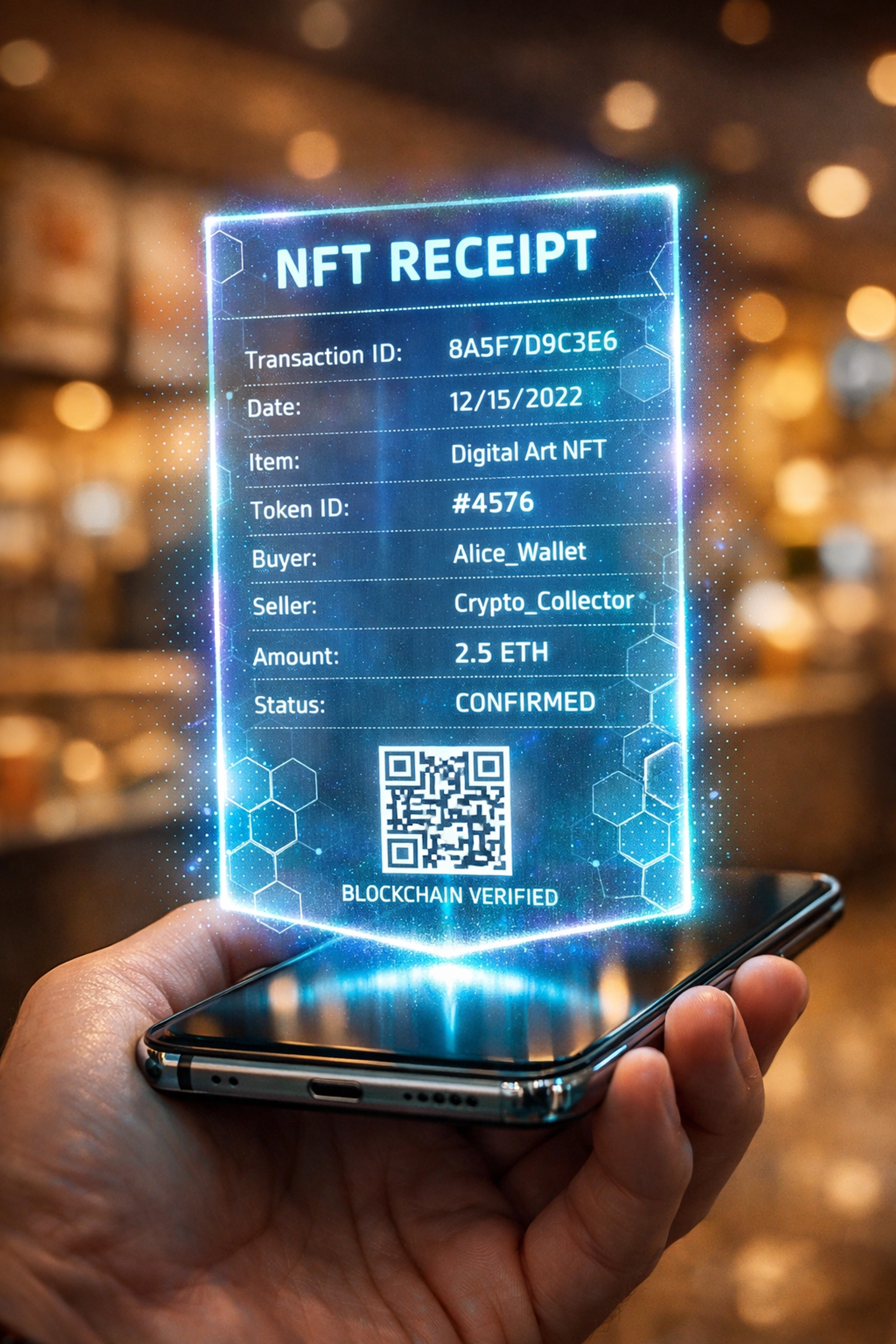 Holographic NFT receipt on smartphone displaying verified blockchain transaction details