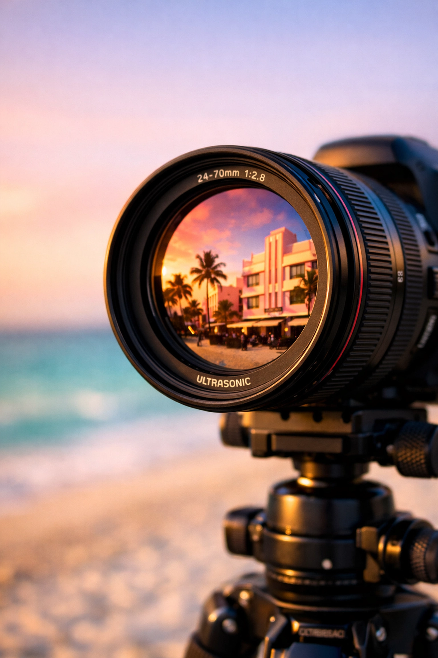 Close-up of a professional camera lens during magic hour at a Miami Beach photography spot.